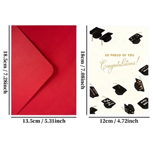 Detail view of graduation greeting card and red envelope with size dimensions in cm and inches