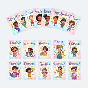 Set di 18 carte motivazionali colorate con simpatici cartoni e frasi positive per bambini