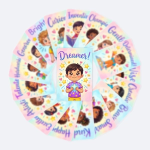 Dettaglio di carte premio colorate per bambini con parole positive come Dreamer e Brave