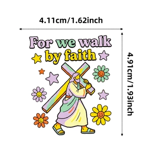 Close-up of faith sticker with Jesus and floral details measuring 1.62 by 1.93 inches