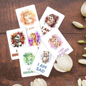 Watercolor animal emotion cards for kids learning set on rustic wooden background