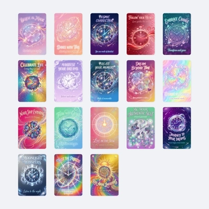 Set van 18 kleurrijke psychedelische klok affirmatiekaarten met inspirerende quotes