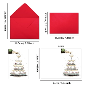 Wedding greeting card set with red envelope featuring champagne tower and floral illustrations