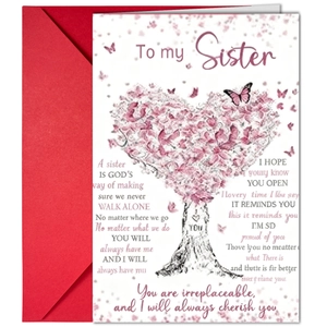 Carte de Vœux Chaleureuse Sœur Mère Avec Enveloppe Rouge Arbre en Forme de Cœur Rose Papillon Papeterie Carte de Message Cadeau Femme