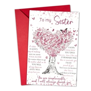 Carte de vœux inspirante avec cerisier en forme de cœur et enveloppe rouge pour sœurs
