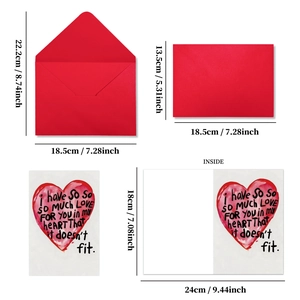 Set busta rossa e biglietto d'auguri cuore per San Valentino con specifiche dimensioni