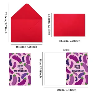 Funny eggplant Valentine card and red envelope set with size chart and interior layout