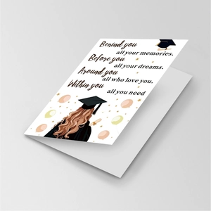 Detail of graduation greeting card showing inspirational quotes and a student illustration