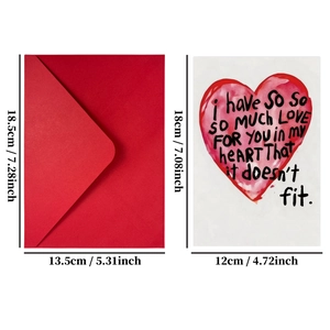 Biglietto di San Valentino con cuore ad acquerello e busta con dimensioni dettagliate