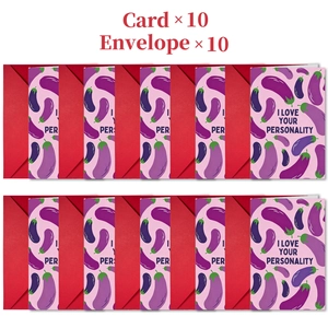 Bulk set of 10 funny purple eggplant love greeting cards with red envelopes for adults