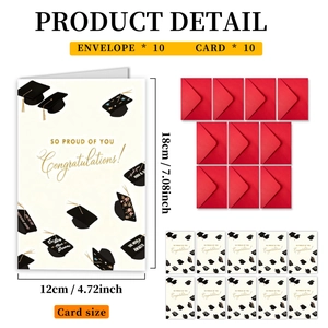Detail view of 10-piece graduation card set with red envelopes and 12x18cm size specs