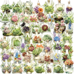 Watercolor Plant Floral PET Stickers Succulent Flower Glass Bottle Decorative Waterproof Decals For Scrapbooking Journal
