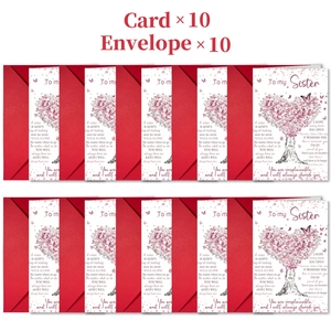 Lot de 10 cartes de vœux pour sœurs avec motifs de cœur et enveloppes rouges sur fond blanc