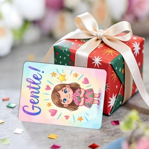 Carte premio con testo Gentle e confezione regalo rossa decorata con nastri di raso