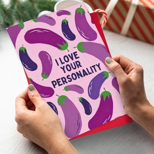 Greeting card with eggplant pattern and I LOVE YOUR PERSONALITY text with red envelope