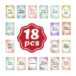 Set of 18 watercolor floral motivational cards with inspiring English quotes on white backdrop