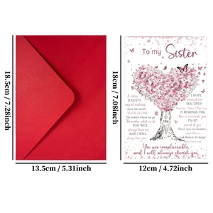 Détails de la carte de vœux avec arbre à cœurs roses et enveloppe rouge avec tailles