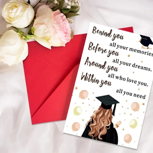 Close-up of graduation card with inspirational quote and matching red envelope