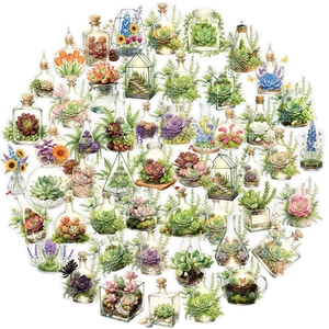50pcs green plant and flower PET stickers featuring terrariums and glass containers