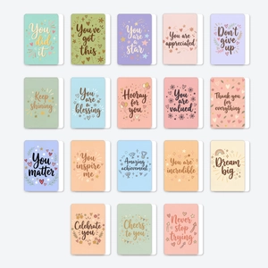 Macro view of eighteen pastel inspirational cards with motivational English quotes
