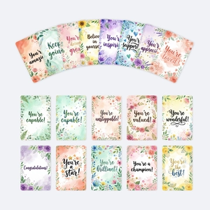 Detail view of 18 watercolor floral motivational cards with artistic inspirational quotes