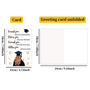 Detail showing graduation card dimensions 12x18cm with female graduate illustration