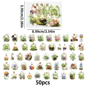 Set of 50 waterproof PET stickers with watercolor succulent plants in glass terrariums