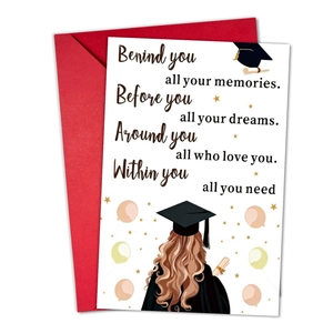 Detailed view of graduation card with inspirational poem and matching red envelope