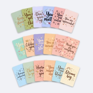 Close-up of 18 inspirational quote cards with pastel colors and artistic typography