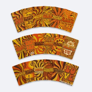 Macro view of 18 retro psychedelic thank you cards with vintage orange and yellow patterns