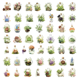 Set of 49 unique watercolor PET stickers featuring green plants and succulents in glass jars