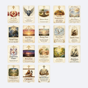 Vue détaillée de 18 cartes de prière vintage avec illustrations religieuses et textes