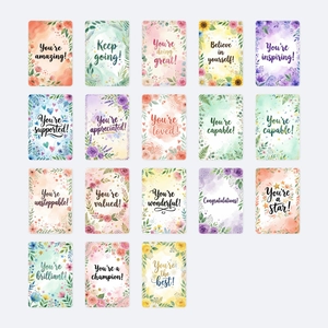 Set of 18 watercolor floral affirmation cards with inspirational quotes for gifts