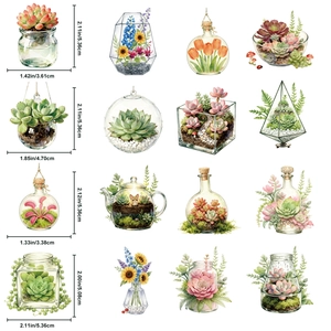 Detailed grid of 16 watercolor plant stickers with precise size measurements for decoration