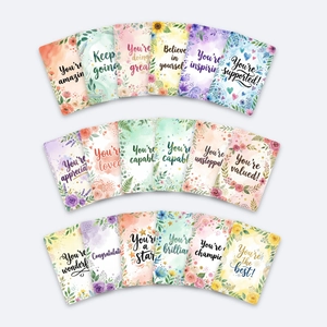 Detailed view of 18 floral watercolor encouragement cards with positive English quotes