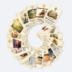 Détail des cartes de prière vintage avec illustrations rétro et ornements dorés