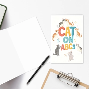 Close-up of hand-drawn cartoon cat greeting card set with envelopes and stationery