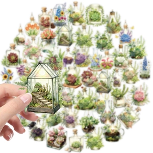 50pcs fresh green botanical PET stickers with watercolor greenhouse and succulent designs