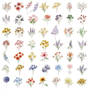 Set mit 50 Aquarell-Blumenaufklebern aus transparentem PET für DIY-Tagebücher und Deko
