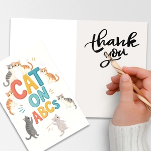 Cartoon cat greeting card set with thank you text and envelope for kids and pet lovers