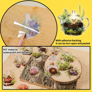 Macro view of clear PET botanical stickers with foxes and succulents on wood