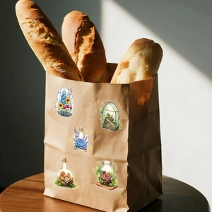 Detail showing floral PET stickers on a paper bag with soft sunlight and shadows