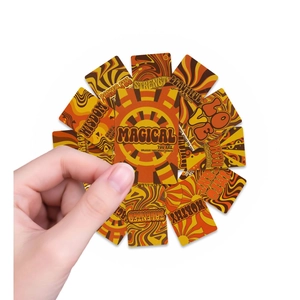 Close-up of 70s retro affirmation cards with psychedelic patterns and magical text