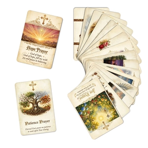 Détails de cartes de prière chrétiennes vintage avec écritures élégantes et textures rétro