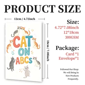 Size chart showing 12x18cm 300GSM cat themed greeting card with matching envelope details