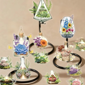 Detailed watercolor plant stickers in glass terrariums for decorative journaling crafts