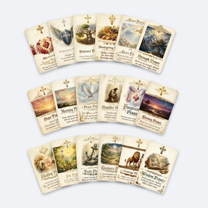 Détails de 18 cartes de prière vintage avec illustrations religieuses et textes bibliques