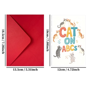 Detail of red envelope and cartoon cat folding card with precise size specifications