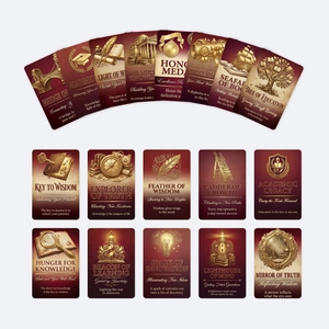 Primer plano de 18 tarjetas de graduación vintage con detalles dorados y fondo rojo intenso