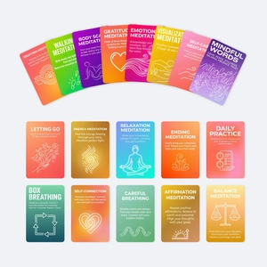 Detailed view of eighteen colorful mindfulness and meditation cards with instructional text